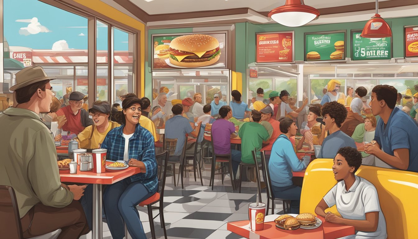 A bustling breakfast diner with competing Carl's Jr. and Hardee's signs, customers enjoying their meals, and a lively debate between two groups of patrons