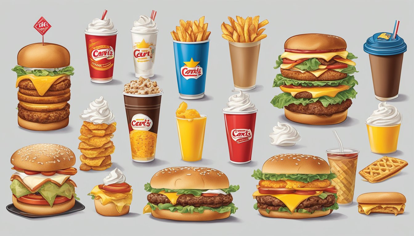 A timeline of breakfast items from Carl's Jr. over the decades, with iconic imagery representing each era's cultural and industry impact