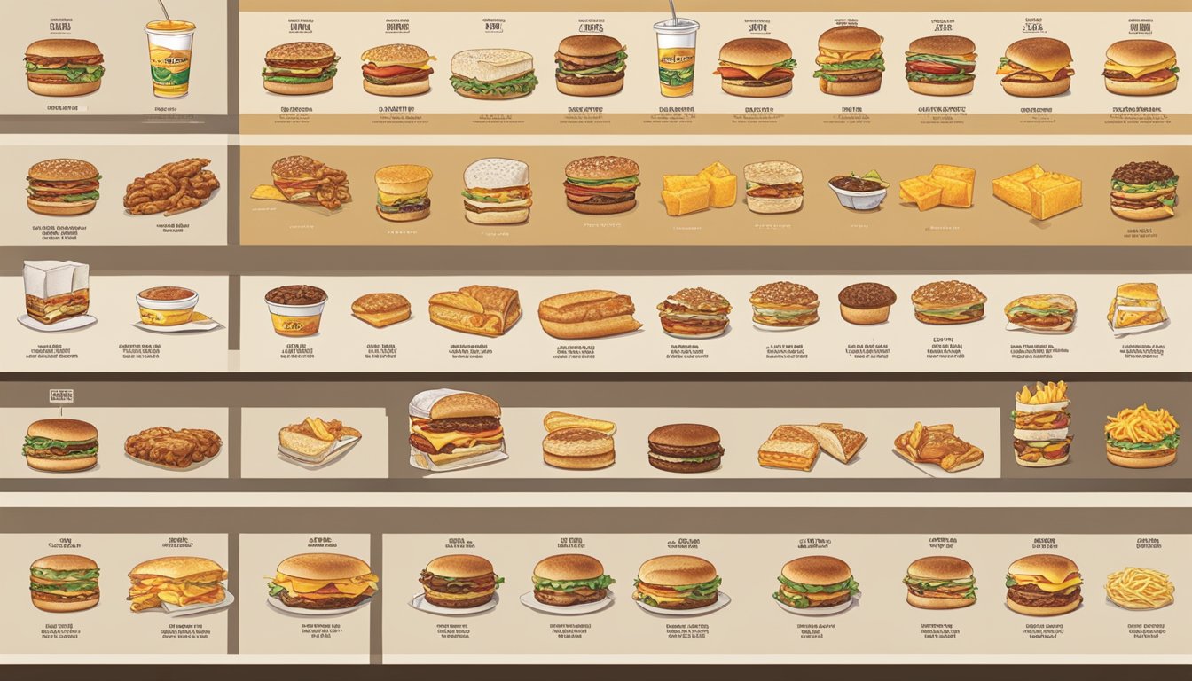 A timeline of breakfast menu items from different decades at Carl's Jr., showcasing the evolution and diversification of the menu