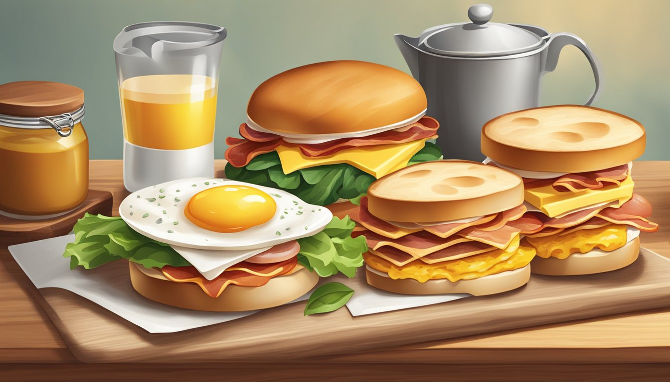 A colorful array of breakfast sandwich ingredients, including eggs, bacon, cheese, and English muffins, arranged on a wooden cutting board