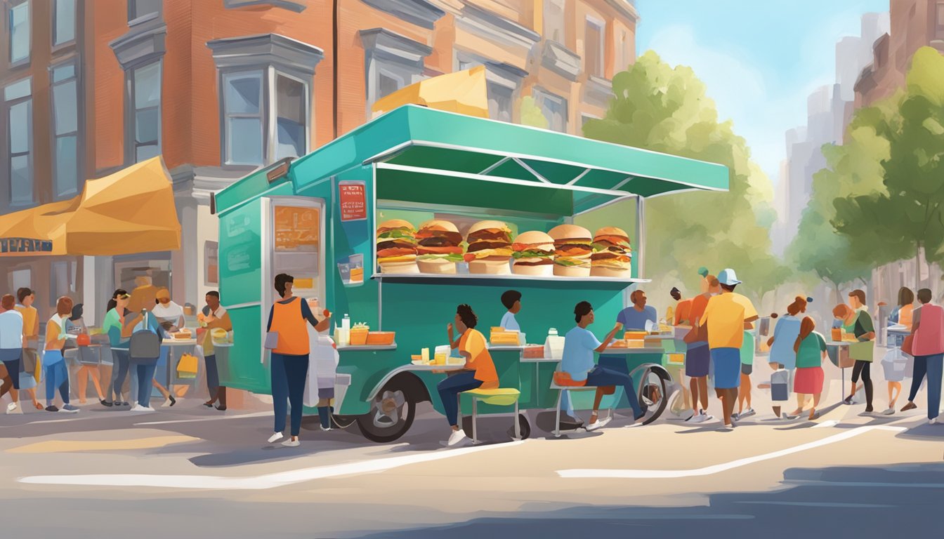 A bustling morning street scene with a diverse group of people enjoying Jack's Breakfast Sandwiches from a food cart