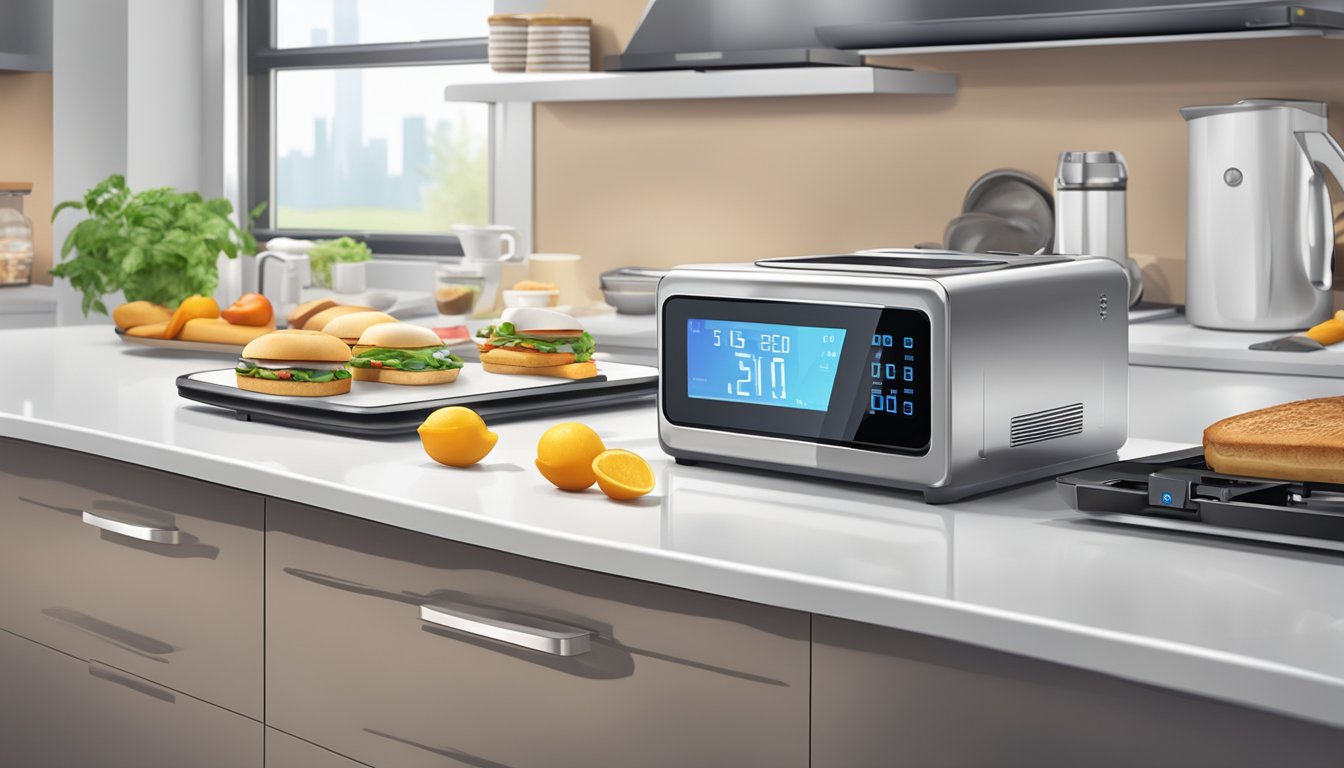 A modern kitchen counter with a variety of high-tech gadgets and appliances, including a sleek sandwich press and a digital timer