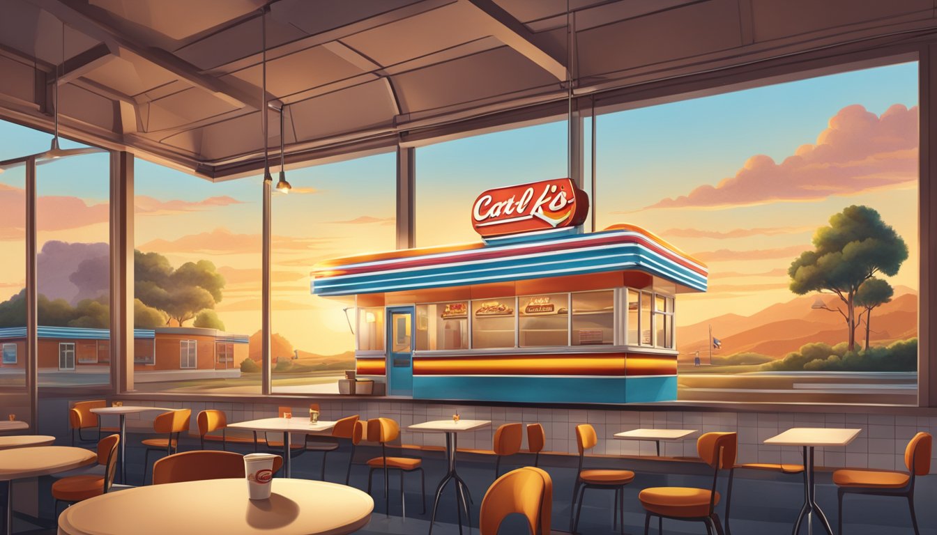 A morning sunrise over a retro diner with a steaming cup of coffee and a menu showcasing the evolution of Carl's Jr. breakfast items