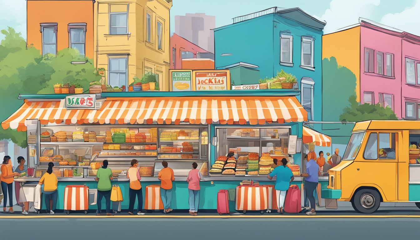 A bustling street market with diverse customers enjoying Jack's Breakfast Sandwiches from a colorful food cart