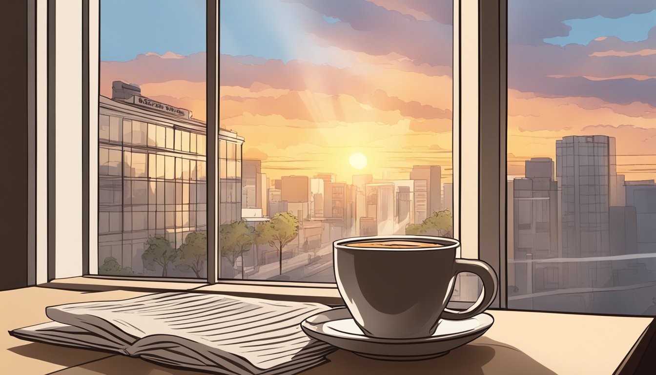 A steaming cup of coffee sits on a table next to a newspaper with the headline "The Breakfast Revolution Coffee Talk: The Story Behind Carl's Jr.'s Morning Brew." Sunrise filters through a window in the background