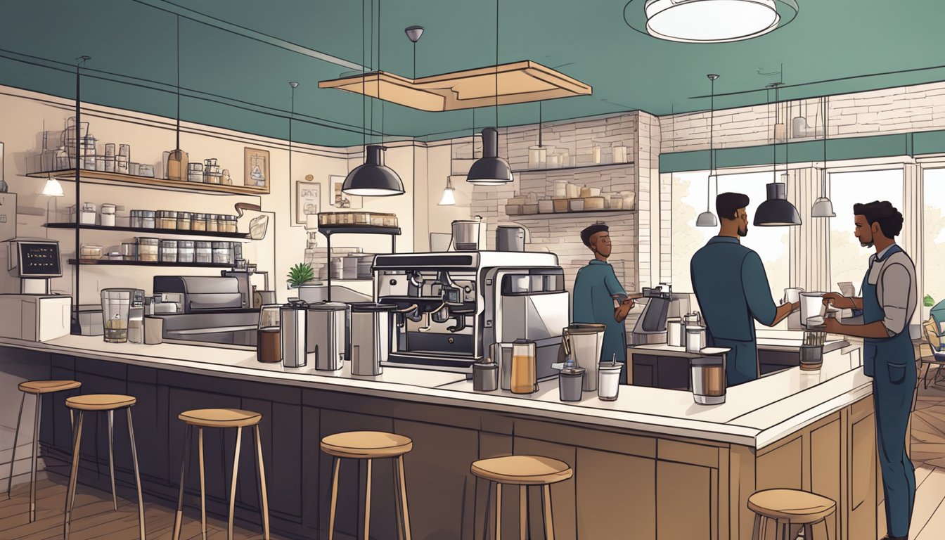 A sleek, modern coffee shop with a bustling atmosphere. A barista expertly crafts a signature morning brew while customers engage in animated discussions