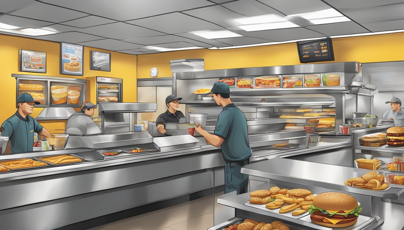 A bustling morning scene at Carl's Jr. with a variety of customizable breakfast items and combo meals being prepared and served to busy customers on the go