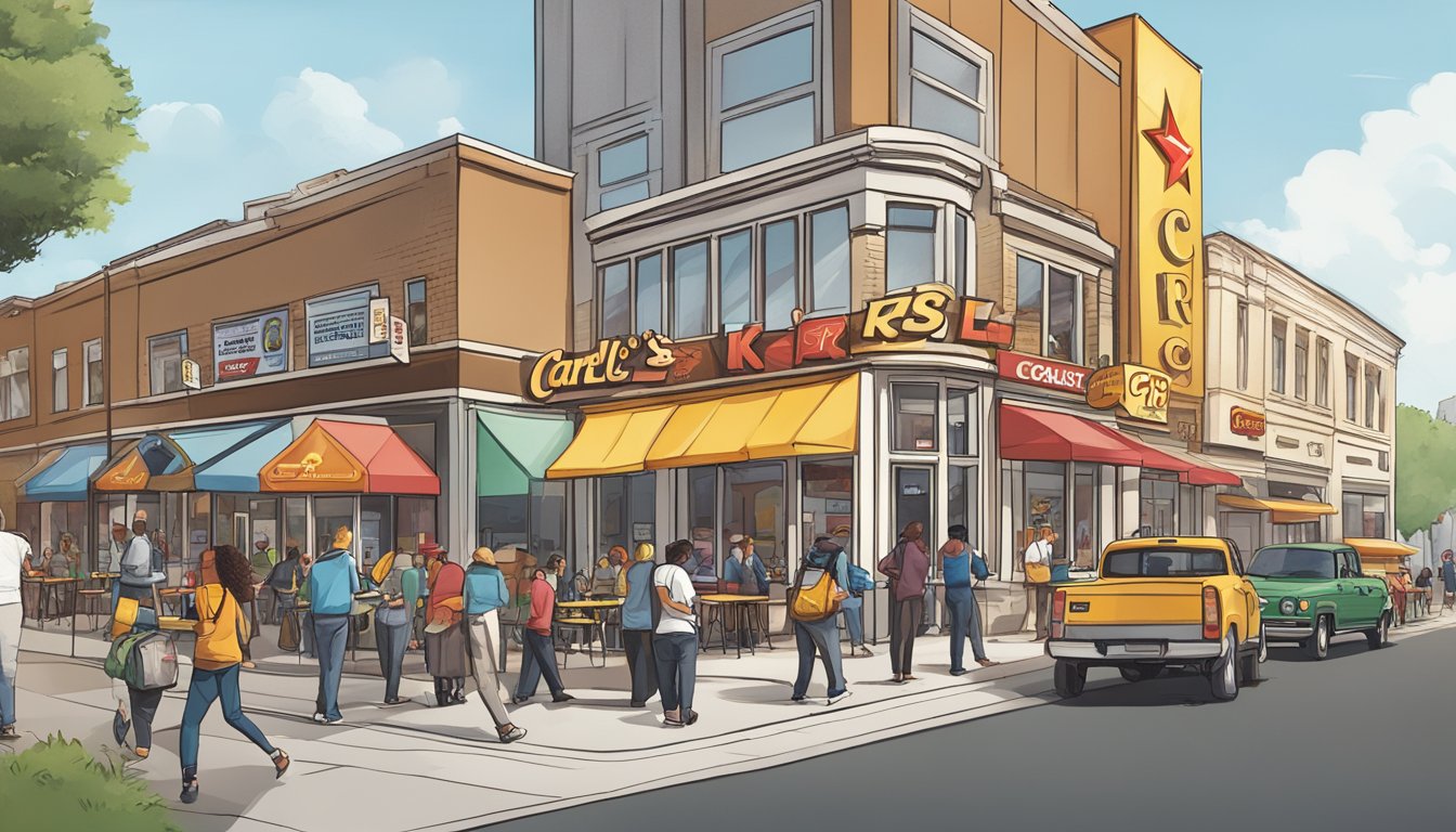 A busy street corner with a line of people outside a Carl's Jr. A large coffee cup logo is displayed prominently. Nearby, a competitor's coffee shop has a smaller line