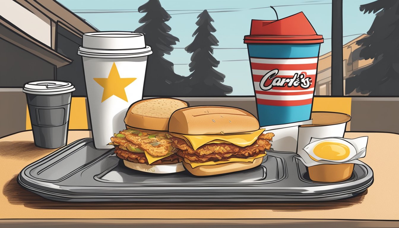 A breakfast sandwich, hash browns, and a coffee cup on a tray at a bustling Carl's Jr. drive-thru