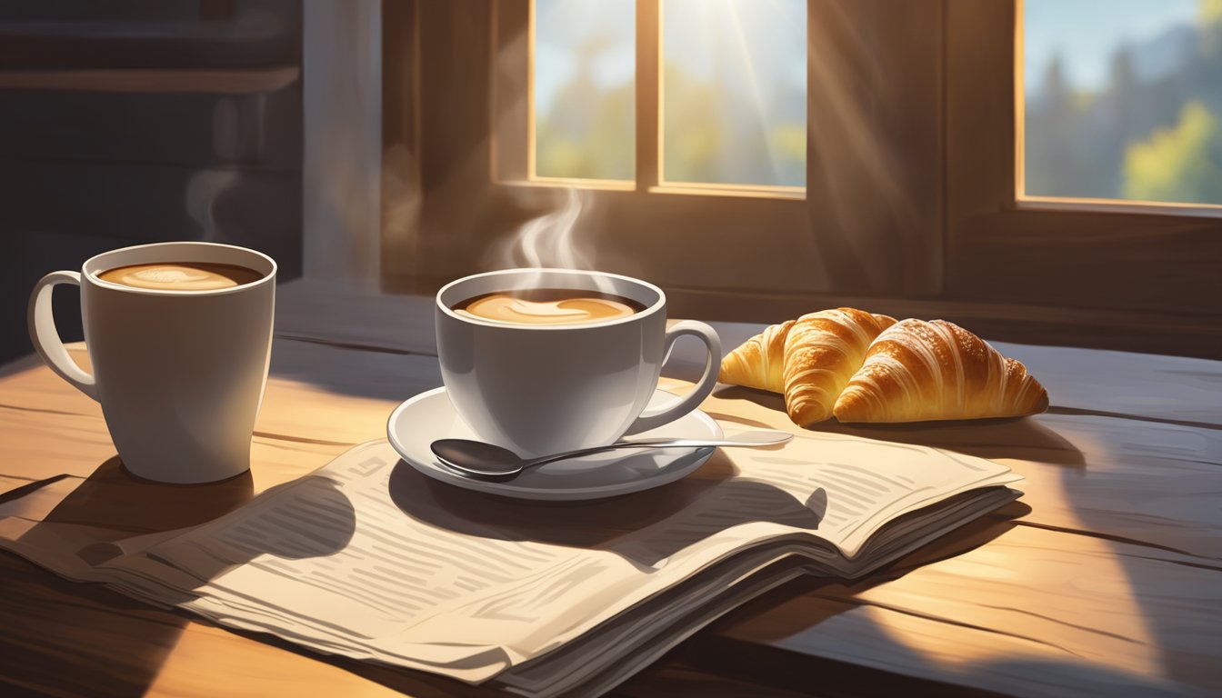 A steaming cup of coffee sits on a rustic wooden table, surrounded by a morning newspaper and a plate of fresh pastries. Sunlight streams through a window, casting a warm glow over the scene