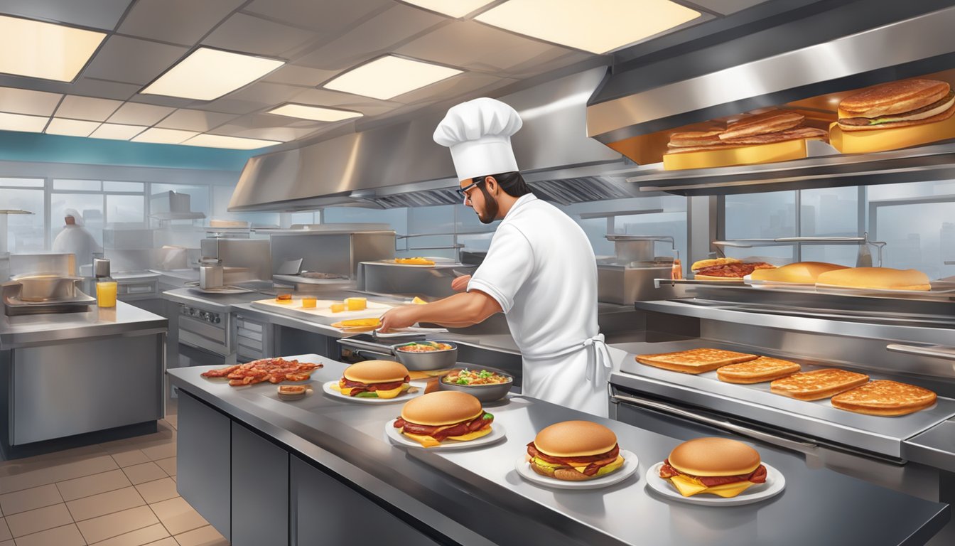 A chef in a Carl's Jr. kitchen, frying eggs and bacon, flipping pancakes, and assembling breakfast sandwiches on a busy morning