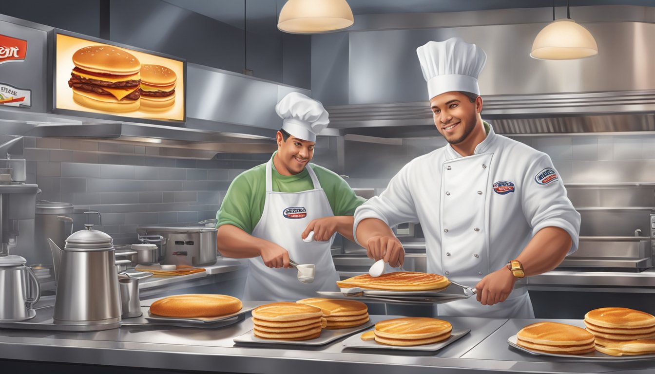 The breakfast chef prepares sizzling bacon, fluffy pancakes, and steaming coffee in a bustling Carl's Jr. kitchen