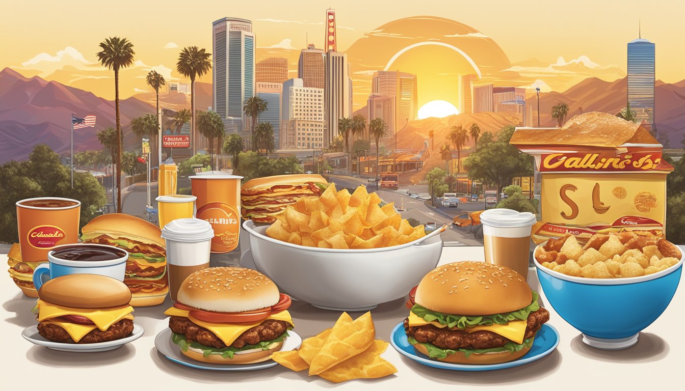 A sunrise over iconic California landmarks transitions into a collage of global breakfast items, symbolizing Carl's Jr.'s expansion worldwide