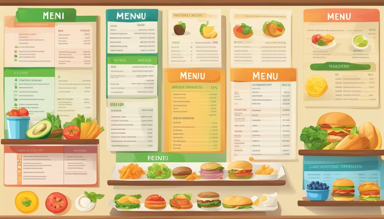 A colorful menu board with illustrations of various food items and corresponding nutritional information displayed in a clear, organized layout