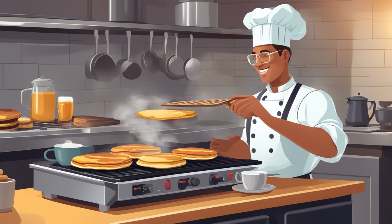 The breakfast chef carefully grills sizzling bacon and flips golden-brown pancakes on the hot griddle, while the aroma of freshly brewed coffee fills the air