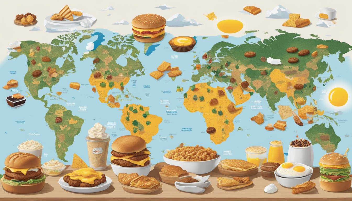 A diverse array of breakfast items from Carl's Jr. are spread across a world map, with nutritional information displayed alongside each dish