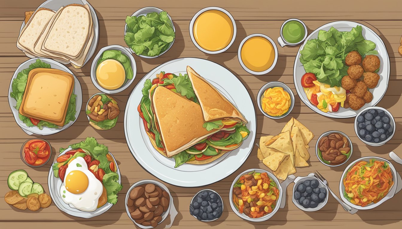 A table with a variety of breakfast options, including sandwiches, burritos, and hash browns, alongside nutritional information charts and fresh ingredients