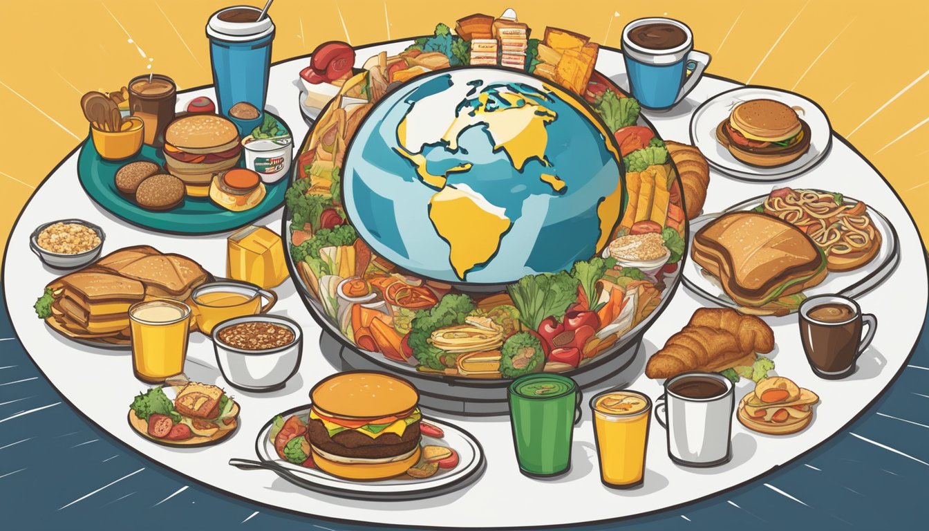 A globe surrounded by breakfast items, with Carl's Jr. logo prominent. Competitors' logos circle the globe