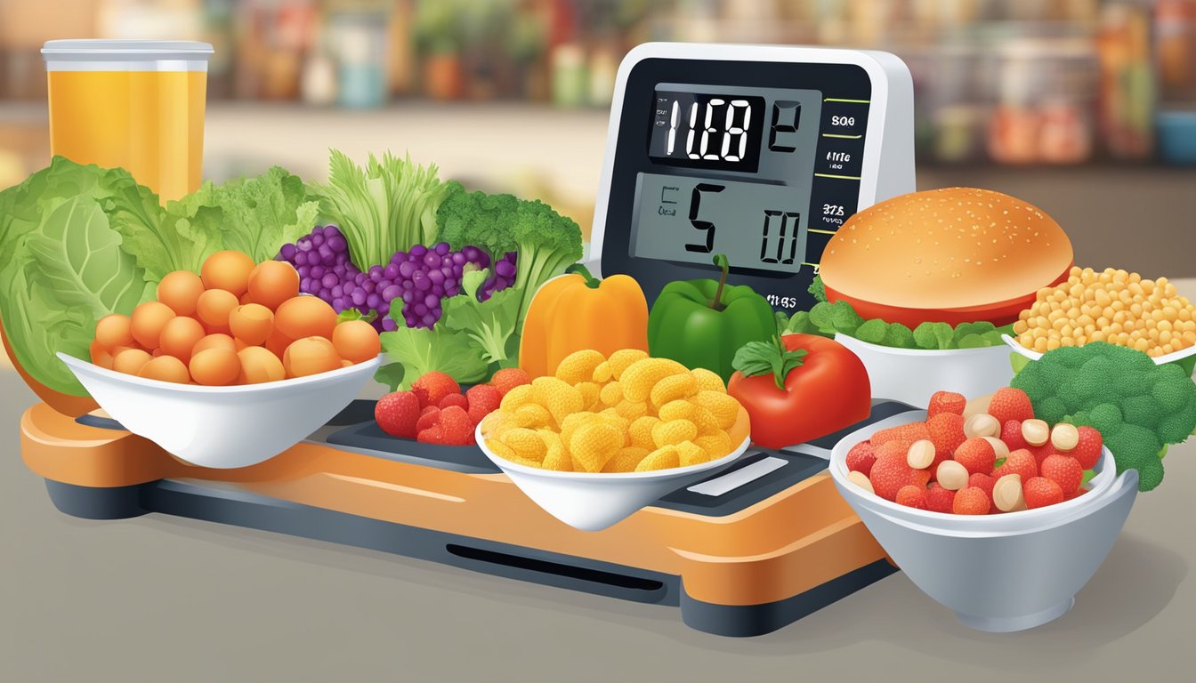 A colorful array of fresh ingredients and fast-food items displayed on a scale, with a chart showing nutritional values in the background