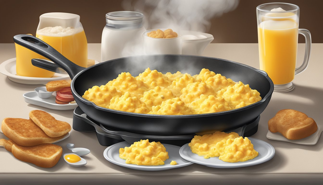 A sizzling skillet holds a mound of perfectly fluffy scrambled eggs, steam rising as they sit on a Carl's Jr. breakfast platter