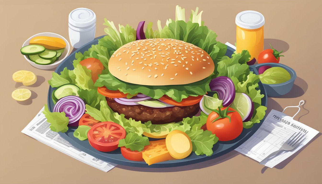 A colorful salad and burger on a tray, surrounded by fresh ingredients and nutritional information charts