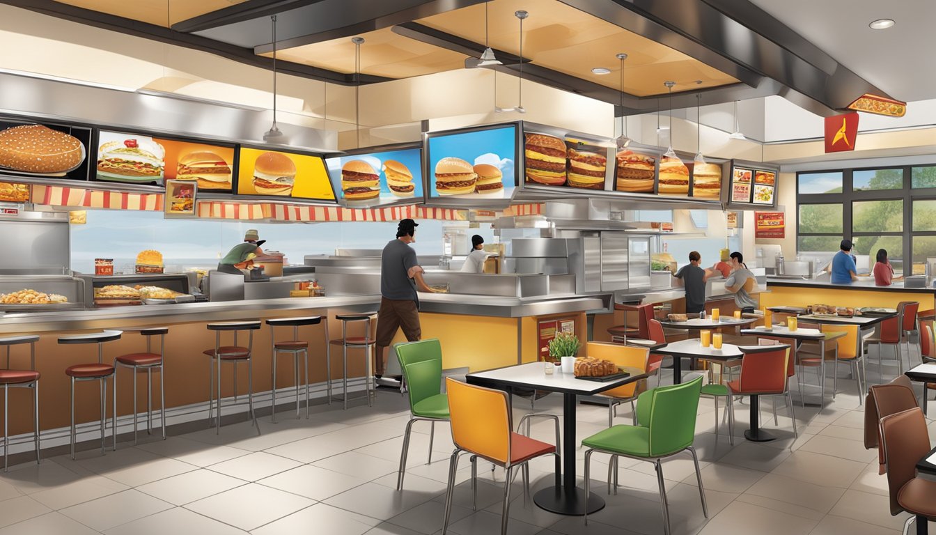 A bustling Carl's Jr. restaurant in California serves up a global breakfast menu, with diverse customers enjoying international flavors and aromas