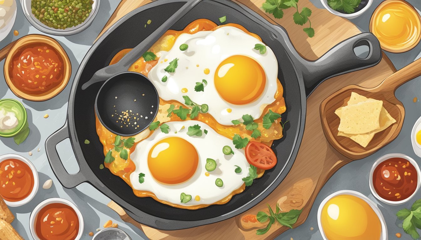 A sunny-side-up egg being cracked into a sizzling pan, surrounded by various condiments and toppings like salt, pepper, and hot sauce