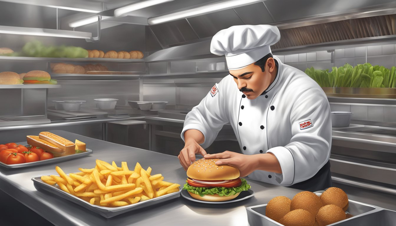 A chef carefully selects fresh ingredients and measures out portions for a burger, with a focus on balancing taste and nutritional value at Carl's Jr