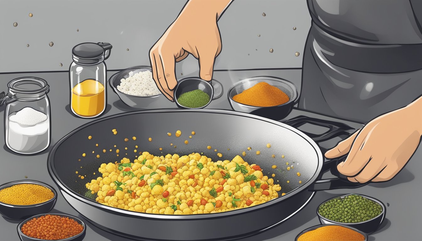 A chef's hand sprinkling a blend of colorful spices onto a pile of fluffy scrambled eggs in a sizzling pan