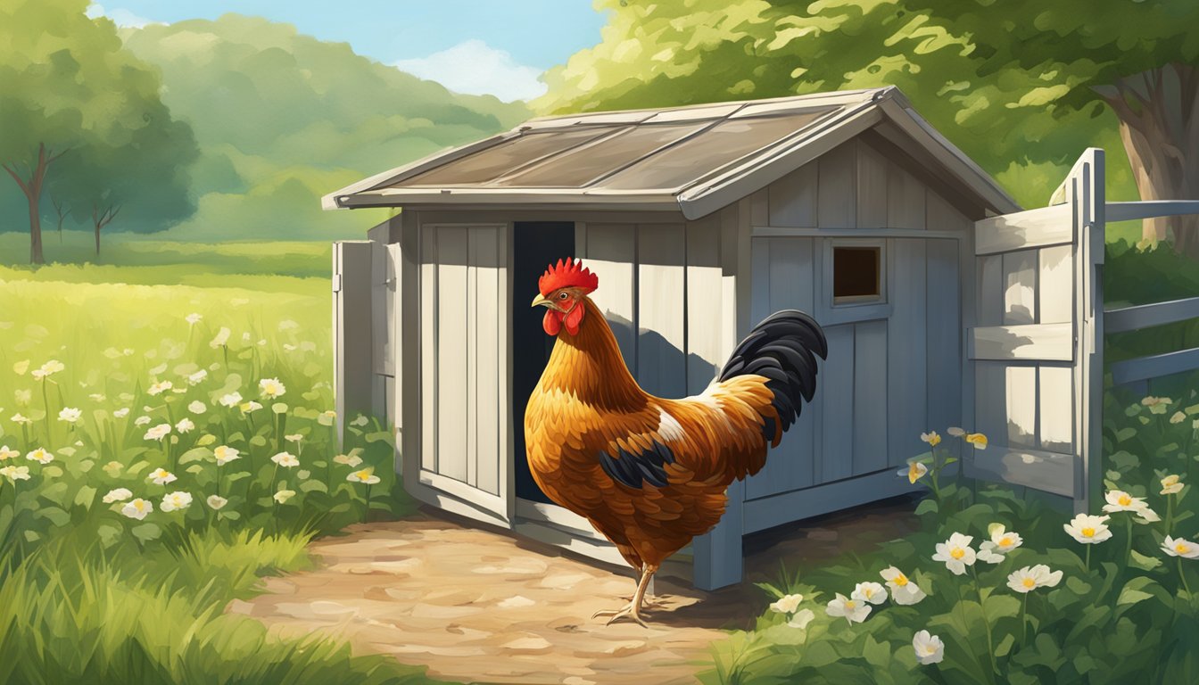 A hen peacefully roosting in a spacious, sunlit coop, surrounded by lush green pastures and a clear blue sky