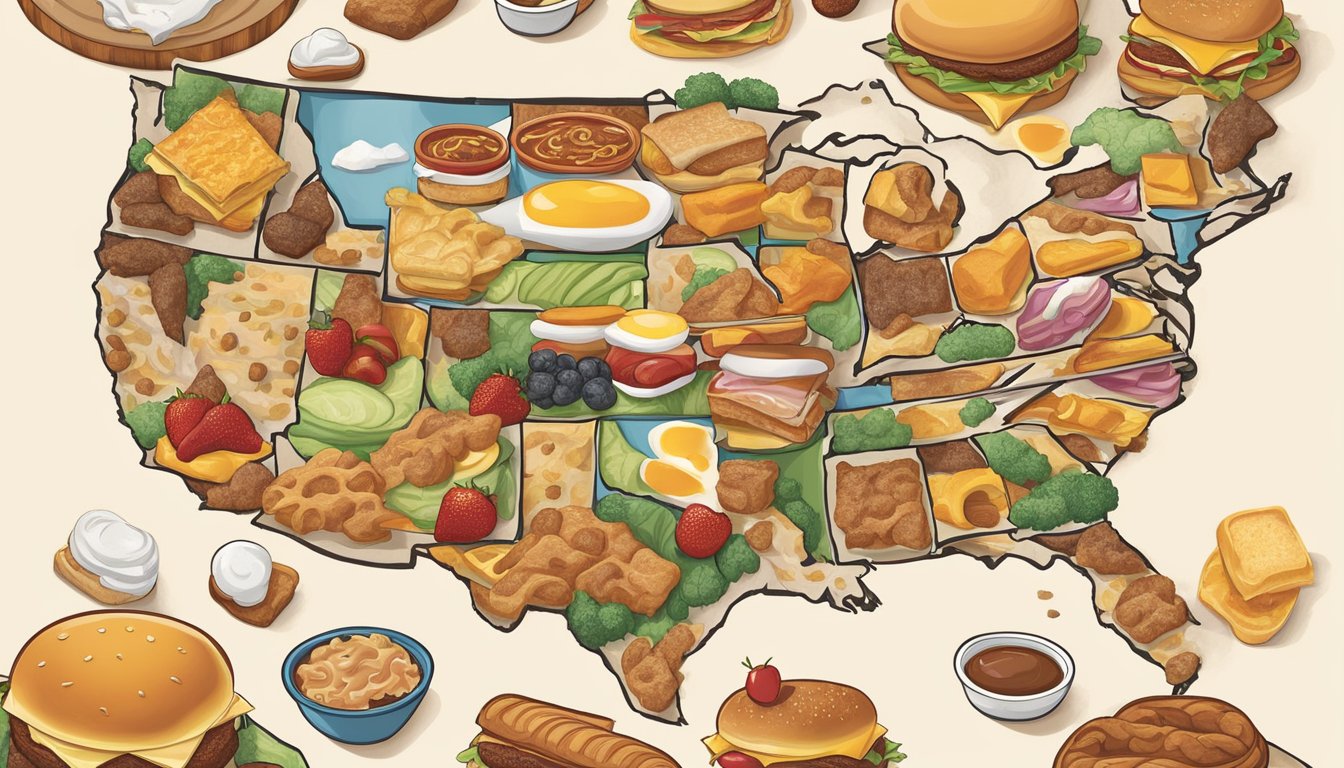 A map of the United States with various regional breakfast items from Carl's Jr. spread out across the country, showcasing the diverse flavors and ingredients