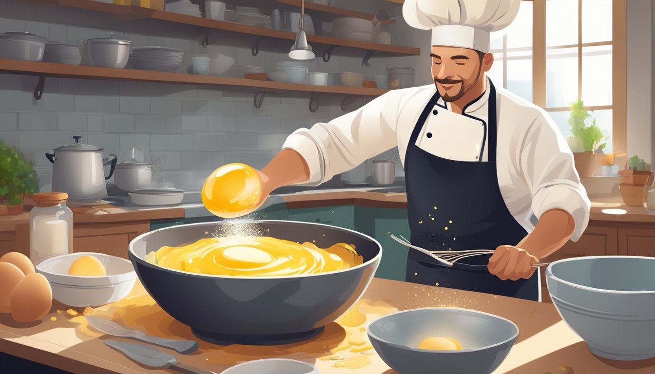 A chef expertly cracks eggs into a bowl, whisking them until they become light and fluffy. Ingredients surround the workspace, adding to the anticipation of a delicious meal