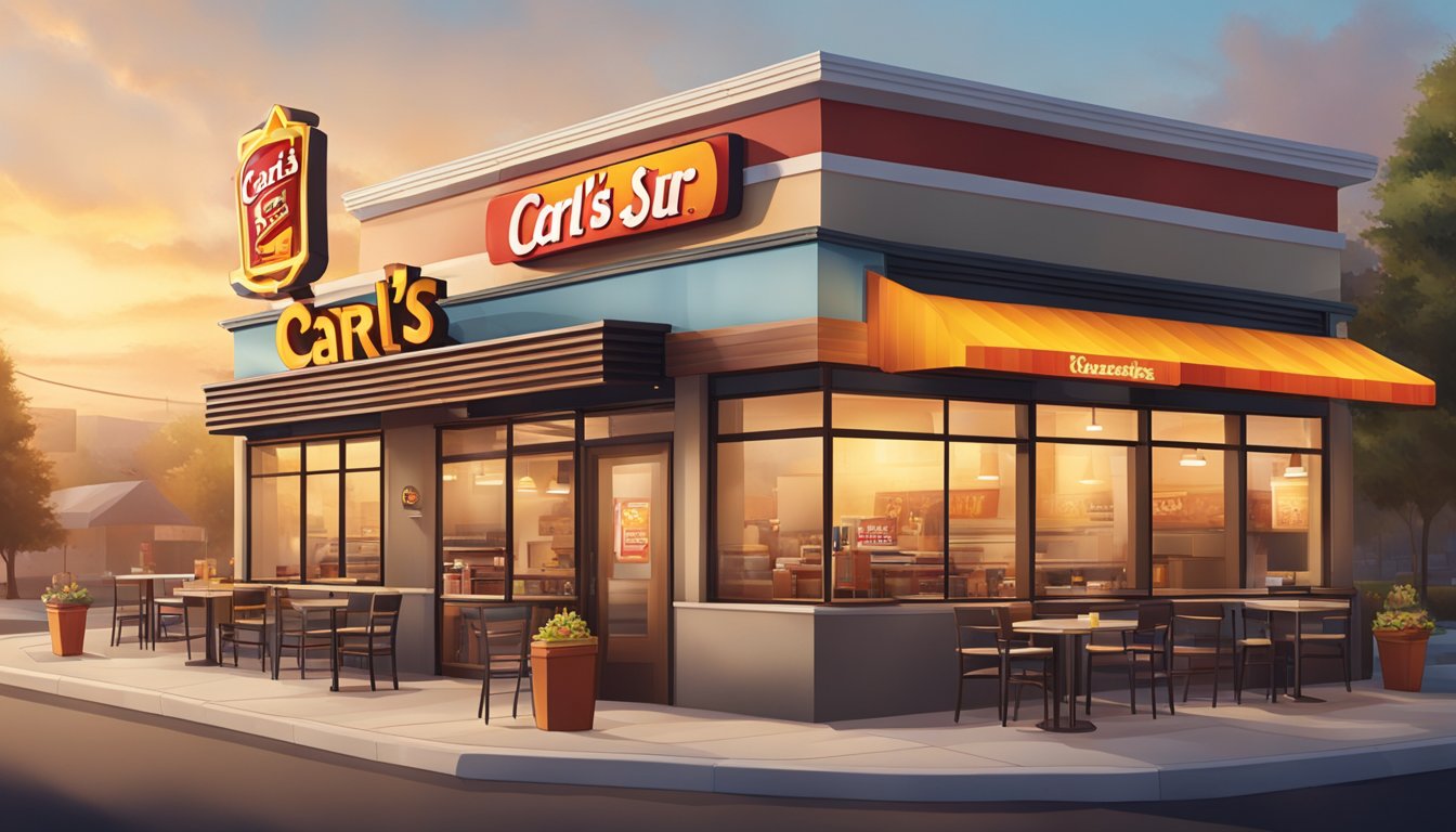 A sunrise-lit Carl's Jr. restaurant with steaming breakfast burritos, sizzling bacon, and freshly brewed coffee on the counter