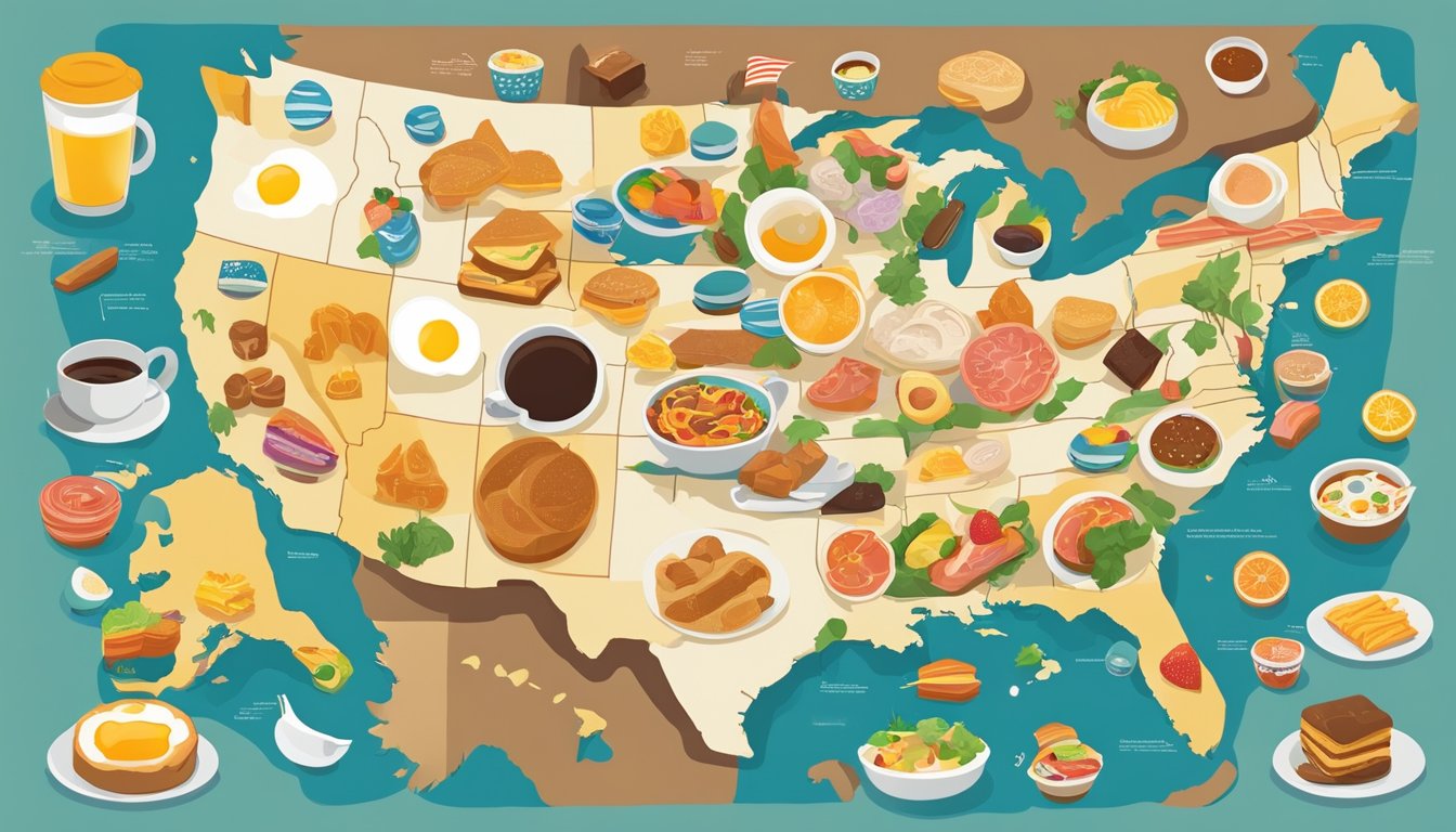 A colorful map of the United States with various regional breakfast items displayed, surrounded by icons representing customization options