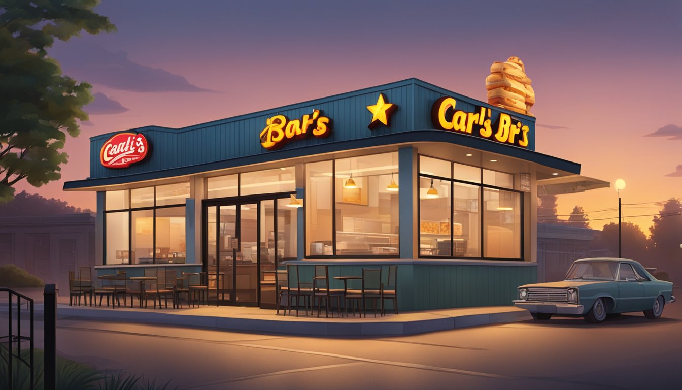 A cozy, dimly lit Carl's Jr. restaurant at dawn, with a chef preparing sizzling breakfast burritos and coffee, while a few early risers wait patiently in line