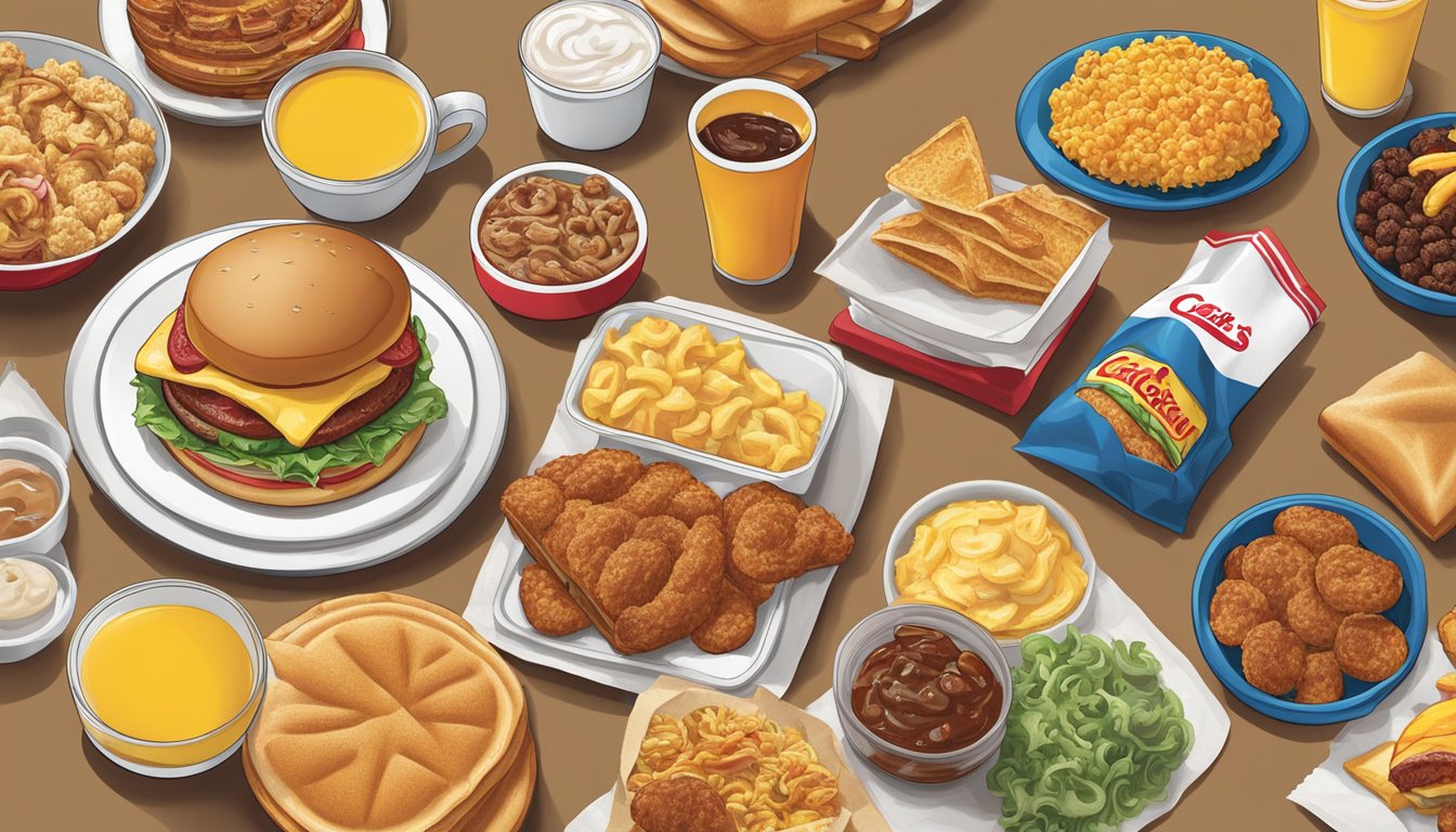 A colorful array of regional breakfast items from Carl's Jr. spread out on a table, showcasing the diverse flavors of America