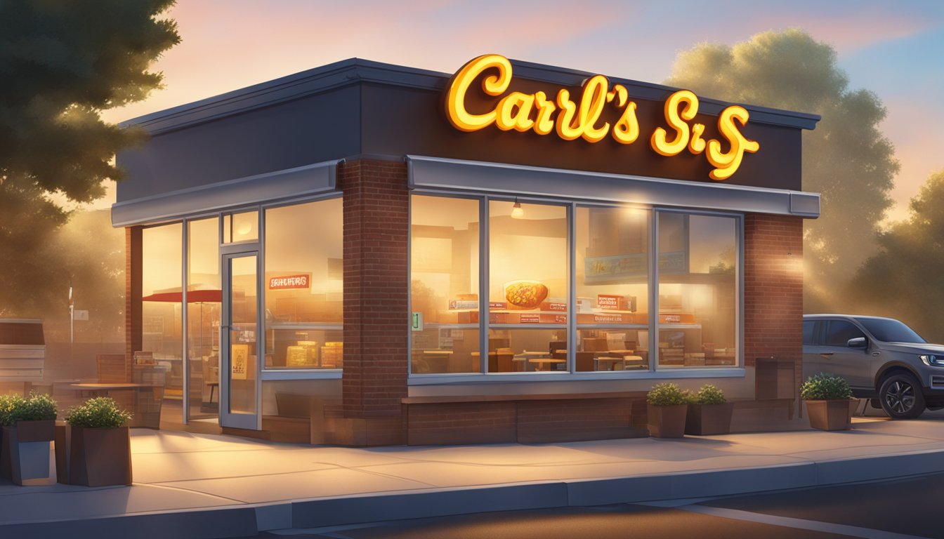 A sunlit Carl's Jr. storefront at dawn, with a steaming breakfast burrito and a cup of coffee on a table outside