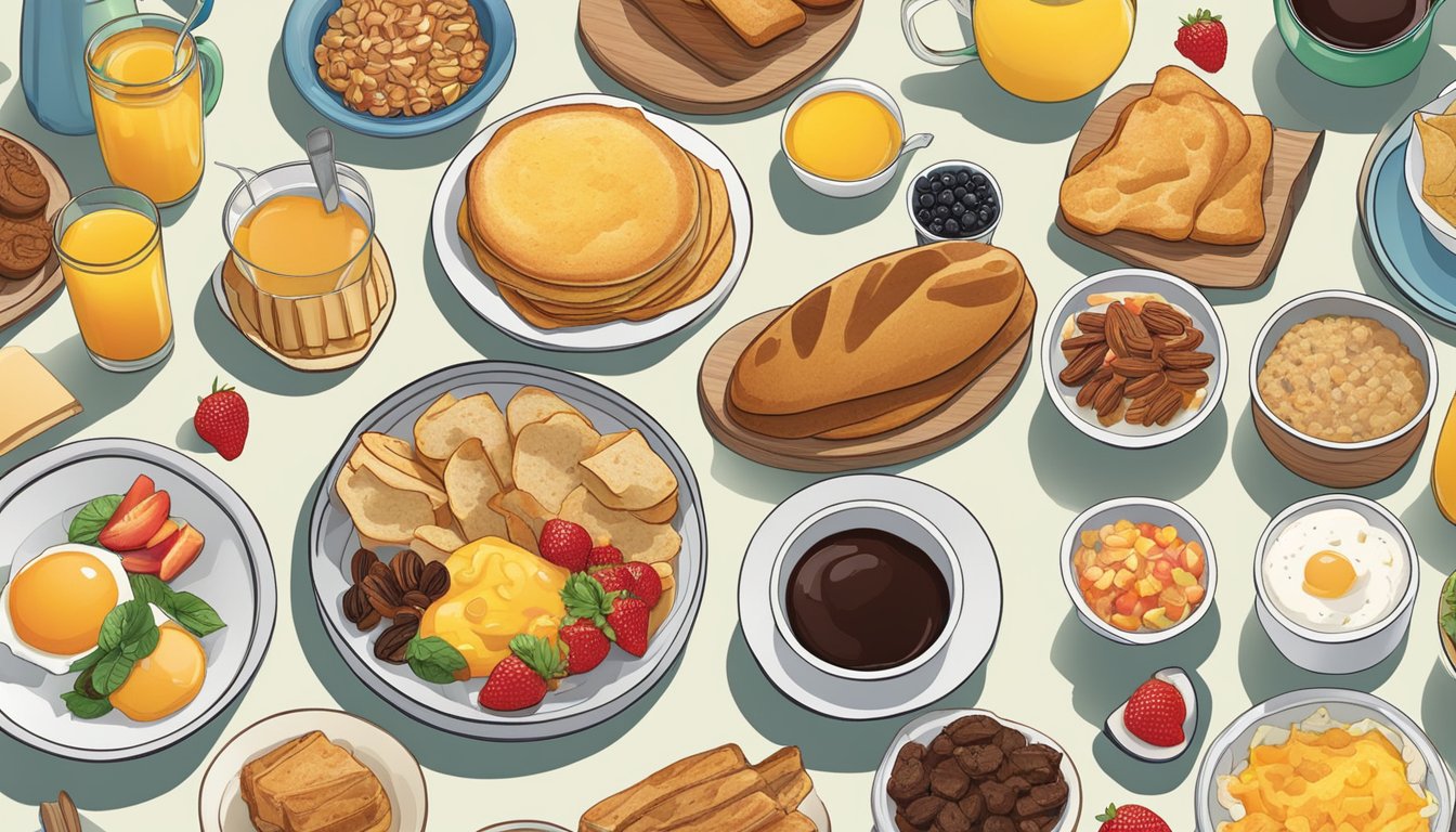 A table spread with breakfast items from different regions of America, featuring a variety of flavors and ingredients