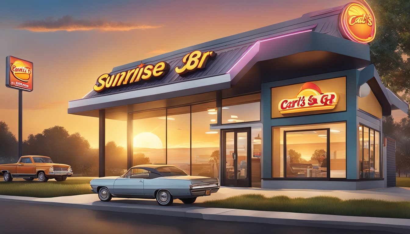 A sunrise over a Carl's Jr. restaurant with a steaming hot breakfast burrito being served to a customer at the drive-thru window