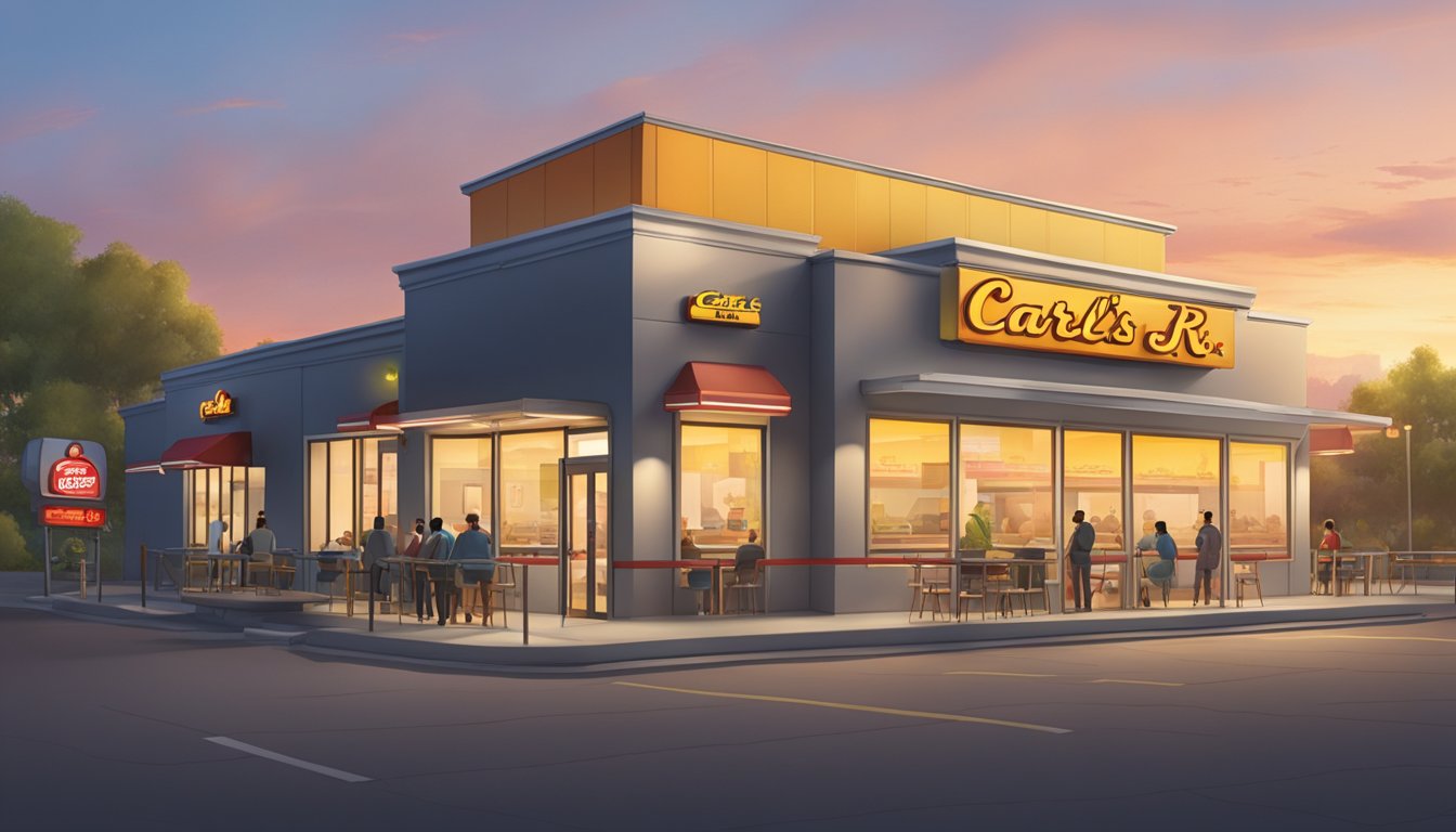 A Carl's Jr. restaurant with a brightly lit sign and open doors at dawn, with a line of early morning customers waiting to order breakfast burritos