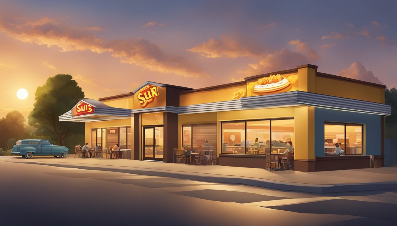 The sun rises over a Carl's Jr. restaurant, casting a warm glow on the sign. A line of early risers eagerly wait for the doors to open, eager to grab a breakfast burrito