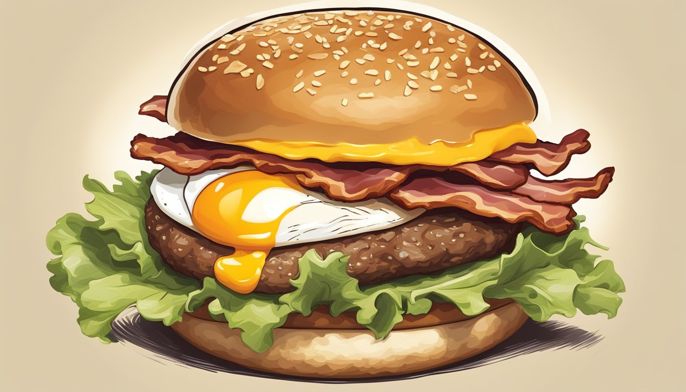 A sizzling burger patty topped with a fried egg, crispy bacon, melted cheese, and fresh lettuce and tomato, all nestled between a toasted bun