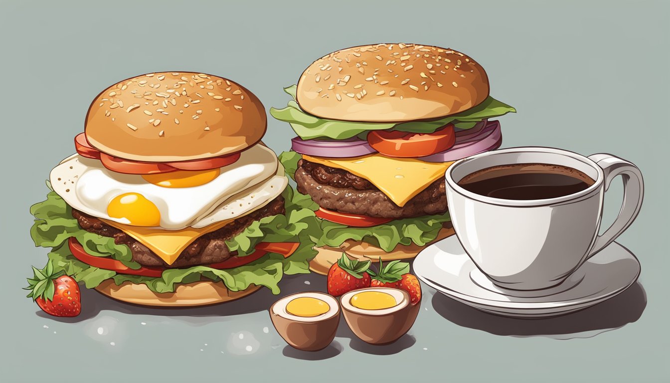 A sizzling breakfast burger with eggs, bacon, and cheese on a toasted bun, surrounded by fresh fruits and a steaming cup of coffee