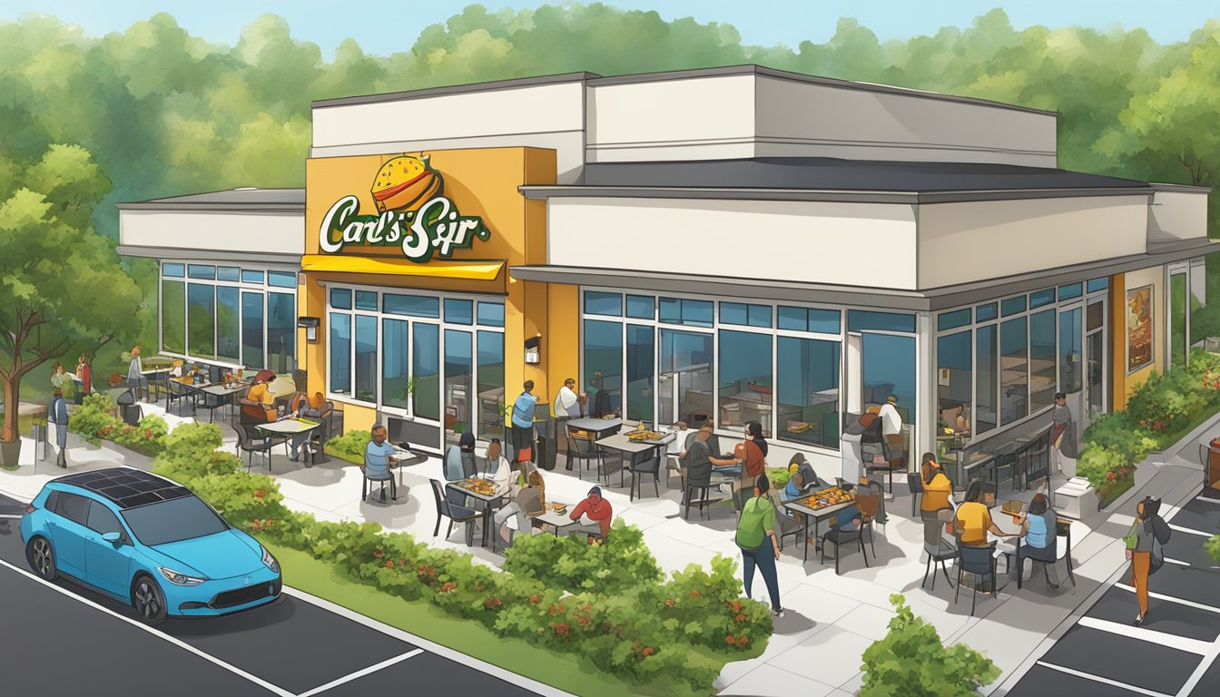 A bustling Carl's Jr. restaurant surrounded by greenery and solar panels, with customers enjoying sustainable breakfast options