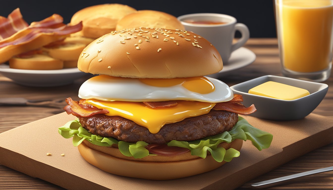 A sizzling breakfast burger with eggs, bacon, and melted cheese, surrounded by a golden-brown brioche bun, served on a rustic wooden table