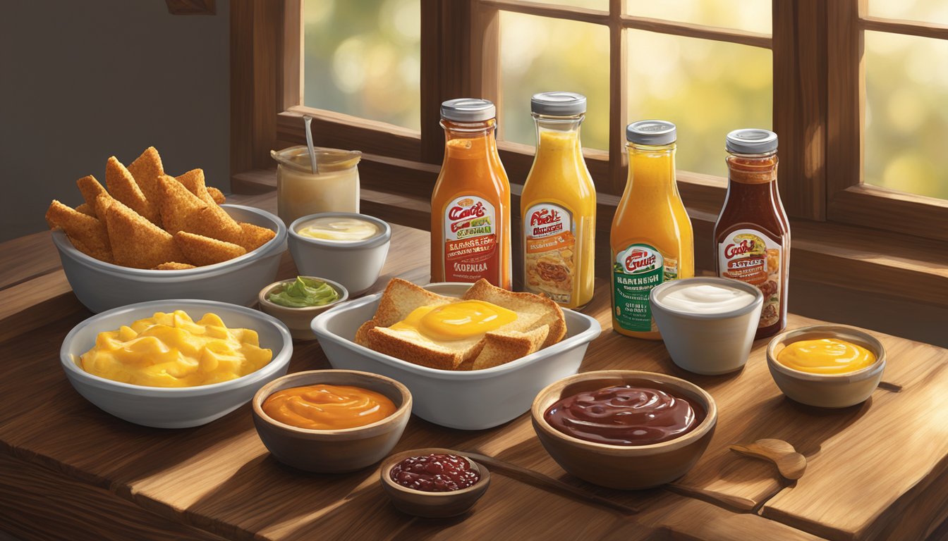 A spread of Carl's Jr. breakfast condiments and sauces arranged on a rustic wooden table, with warm morning light filtering through a nearby window