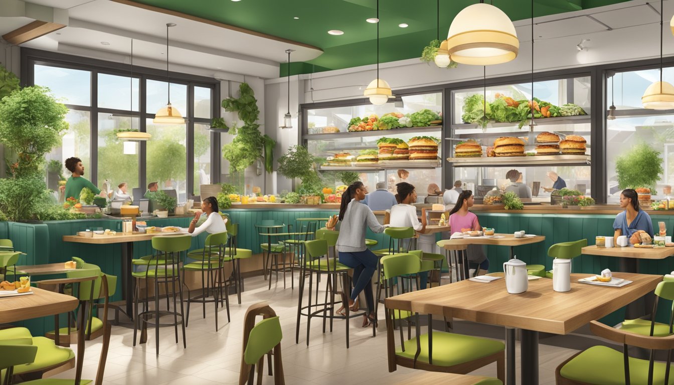 A bustling breakfast restaurant with eco-friendly decor and sustainable food options, showcasing Carl's Jr.'s commitment to the Green Initiative