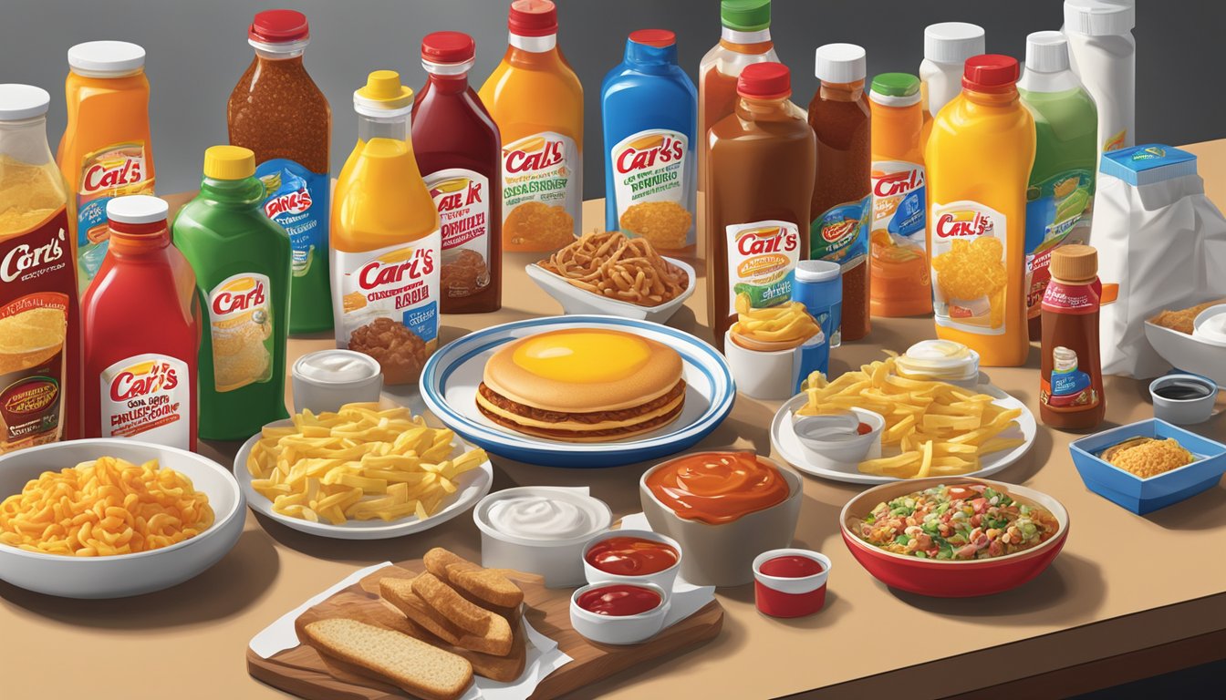 A colorful array of Carl's Jr. breakfast condiments and sauces arranged on a table, with bottles, packets, and containers neatly displayed