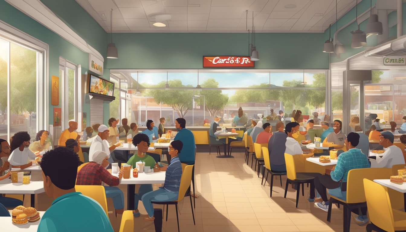 A bustling breakfast scene at a Carl's Jr. restaurant, with sustainable packaging and eco-friendly materials prominently featured. Tables filled with diverse customers enjoying their meals