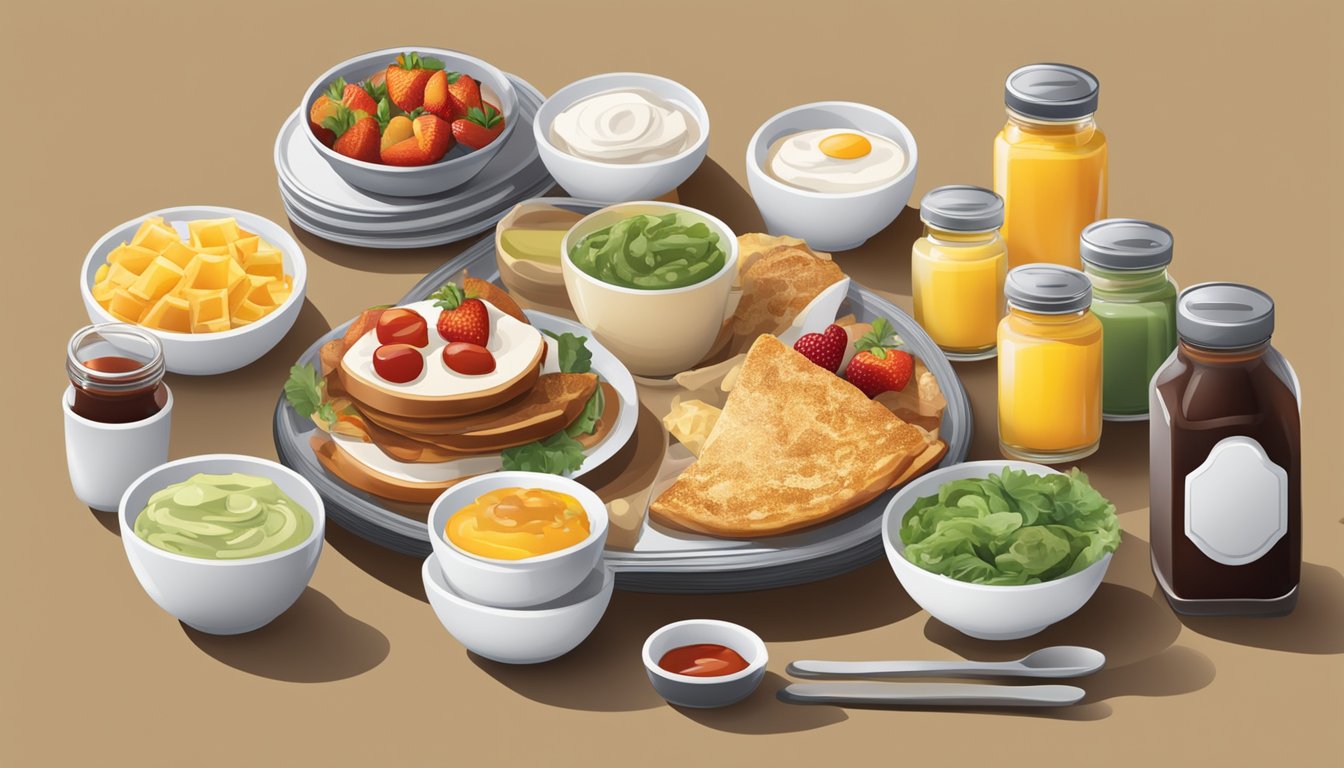 A table with a spread of breakfast items and a variety of condiments and sauces in individual containers